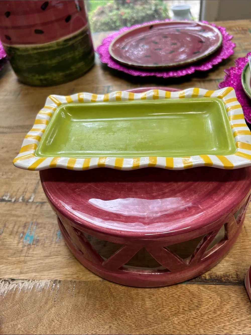 Colorful Chevron Ceramic Butter Dish with Blue Knob